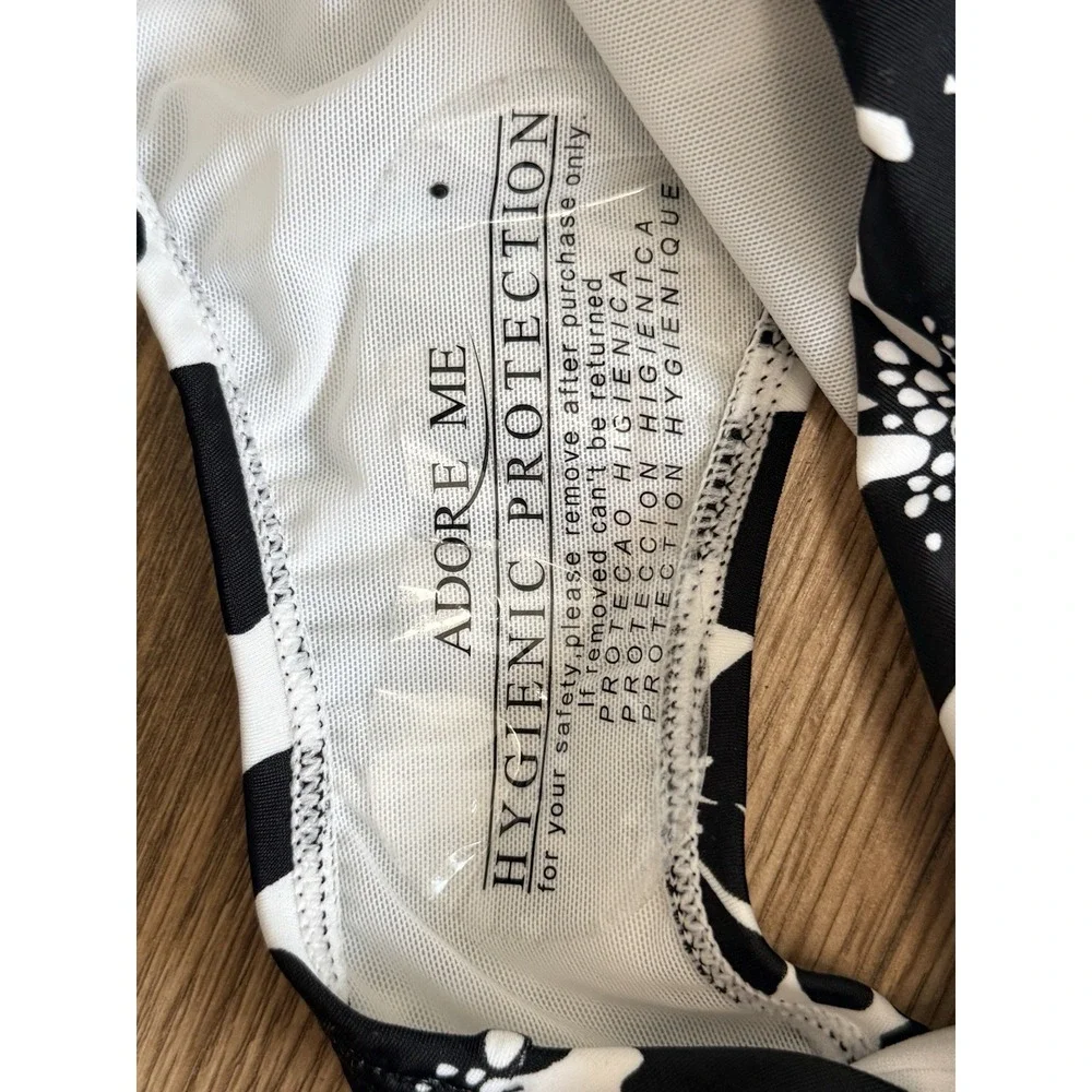 Adore Me Womens One Piece Swimsuit Black White Floral Lace Up Plunge V-Neck NWT